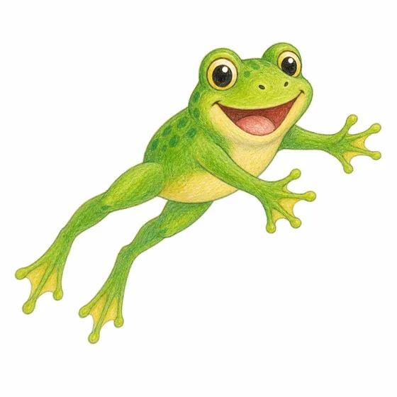 Buntstift-Illustration eines fröhlichen Frosches mitten im Hüpfer, Beine gestreckt
